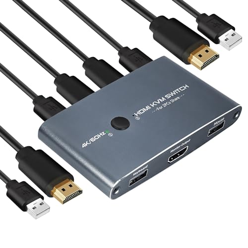 KVM Switch 4K 60Hz, Aluminium KVM Switch USB HDMI Umschalter für 2 Computer teilen 1 HD Monitor und Tastatur, Maus, Drucker, U-Disk von TCNEWCL