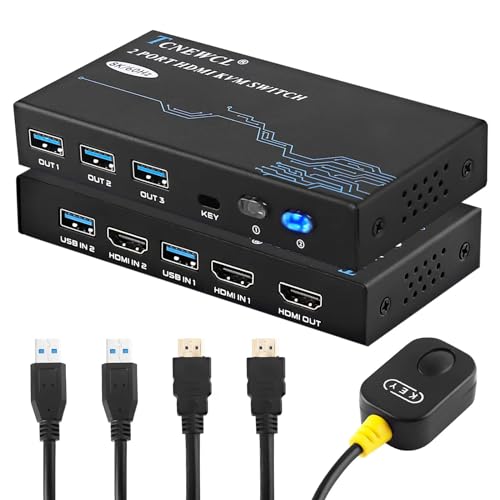 TCNEWCL 8K 60Hz KVM Switch 4K 120Hz 2 PC 1 Monitor, KVM Switches HDMI USB 3.0 Umschalter, Unterstützt HDR, Dolby Audio, 3D, HDCP2.3, mit 2 HDMI und 2 USB Kabel von TCNEWCL