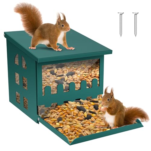 Eichhörnchen Futterspender für draußen Baum Metall Eichhörnchen Haus Box mit 3 Fenstern Lustiger Eichhörnchen Picknick Tisch Futterspender für Streifenhörnchen Wetterfeste Eichhörnchen Futterspender von TCOKUGO