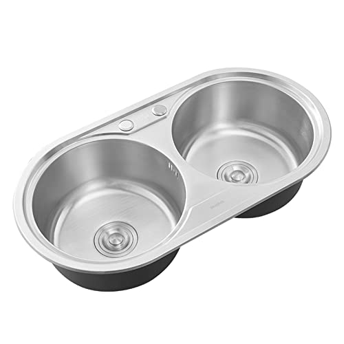 TCOYDS Spüle küchenspüle Edelstahl überlauf spüle rund einbauspüle Edelstahl tief ausgussbecken mit Armatur Rundes Doppelbecken-Spülbecken für die Küche mit ausziehbarem Wasserhahn und Abtropfkorb von TCOYDS