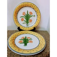 Vintage Gibson Houseware China Teller Set Von Zwei, Gelb Blau Tupfen Mit Korallen Blumen 10 1/2 "Durchmesser Neu Nie Benutzt von TCRPillows