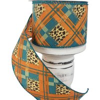 2.5 "x10Yd Satin Gepard Print Kariertes Herbst Band-Petrol/Orange, Band, Animal Braun Band | 61118-40-39 von TCTCrafts