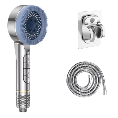 TCVCTNMZTX 4 Modi Selbstreinigendes Duschkopf-Set for Silikonbürste Ein-Tasten-Stopp-Wassermassage Hochdruck-ABS-Duschkopf for Filter Duschkopf(Silver shower set) von TCVCTNMZTX