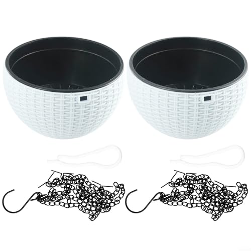 Selbstbewässernde Hängekörbe 2er-Set, weiße PP-Harz-Blumentöpfe mit Metallkette und Haken, dekorative Pflanzenbehälter für Innen- und Außenbereich, Garten, Heimbüro, 16 cm oberer Durchmesser von TDCuizent