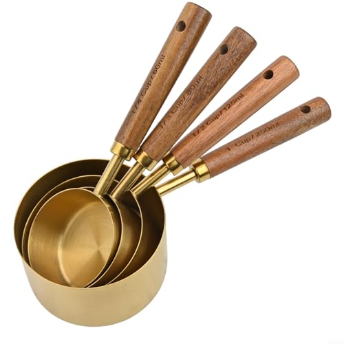 TDCuizent Edelstahl-Messbecher und Löffel-Set mit Holzgriffen, 8-teiliges Messschaufel-Set zum Backen und Kochen, mit 4 Messbechern für Mehl, Zuckerkörner (Messbecher) von TDCuizent