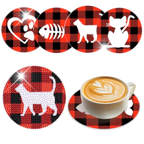 TDFERAN Diamond Painting Coasters, 4 Stück, Katze, Rot, Stoff, Getränkeuntersetzer von TDFERAN