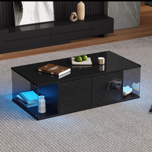 TDHLW Couchtisch, Wohnzimmertisch Hochglanz mit Sofatisch mit LED Modern, Hochglanz + Hartglas-Design, Kaffeetisch mit 2 Schränken,Beistelltisch im schlichten Design,Schwarz von TDHLW