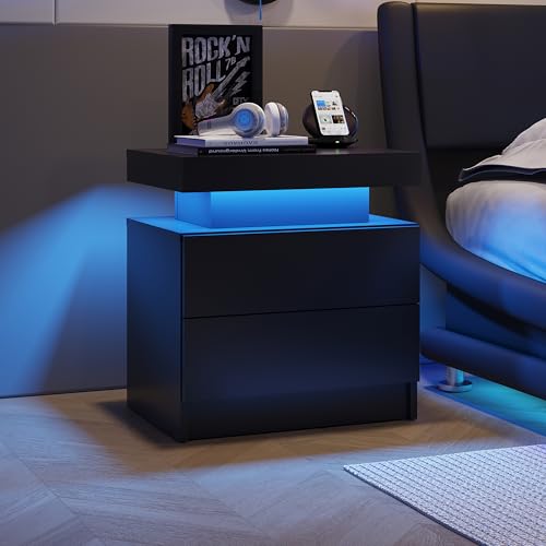 TDHLW Nachttisch, Nachttisch Hochglanz mit LED, Schubladen, Einstellbare 16 Farben, Flip Cover, Beistelltisch Nachtschrank für Schlafzimmer Wohnzimmer, Modern (1, Black) von TDHLW