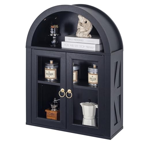 TDLEAYYD Gewölbter Hängeschrank mit Glastür, Bogen Display Wandschrank, Bauernhaus Wandschrank mit Regalen für Wohnzimmer, Badezimmer, Küche (Schwarz) von TDLEAYYD