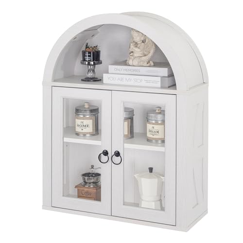 TDLEAYYD Gewölbter Hängeschrank mit Glastür, Bogen Display Wandschrank, Bauernhaus Wandschrank mit Regalen für Wohnzimmer, Badezimmer, Küche (Weiß) von TDLEAYYD
