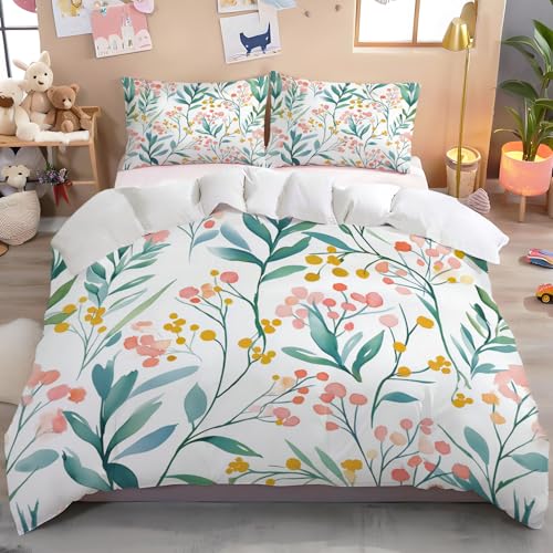 TDNEKMCA Bettwäsche 200x220cm, Bettwäsche 3teilig Bettbezug, Aquarell Blumen Pastoralstil Bettwäsche Set Weiche und Angenehme Mikrofaser mit 2 Kissenbezüge 80x80cm,Rosa Grün von TDNEKMCA