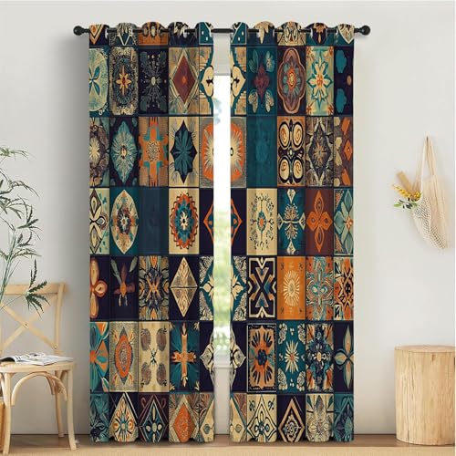 TDNEKMCA Schlafzimmervorhänge – Patchwork-Muster Böhmisch Bedruckte Vorhänge mit Ösen Verdunkelung Wärmeschutzvorhang Thermovorhang für Wohnzimmer Schlafzimmer Fenstervorhänge 2er Set H245 x B140 cm von TDNEKMCA