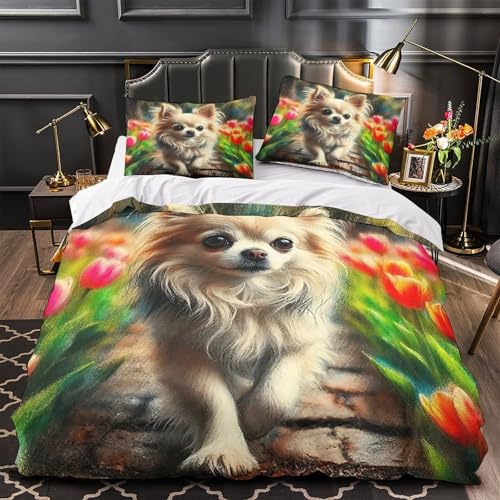 TDSNKAVHB Chihuahua3D-Druck Bett-Set Raumdekoration Mikrofaser Mit Nettes HaustierVerstecktem Reißverschluss Und Kissenhüllen Für Kinder ErwachseneDouble（200x200cm） von TDSNKAVHB