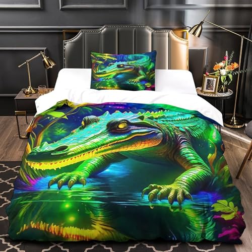 TDSNKAVHB Cocodrilo3D-Druck Bett-Set Raumdekoration Mikrofaser Mit TierVerstecktem Reißverschluss Und Kissenbezug Für Jungen Und MädchenSingle（135x200cm） von TDSNKAVHB