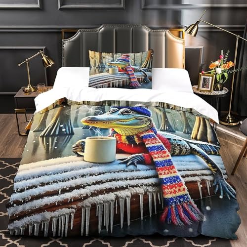 TDSNKAVHB Cocodrilo3D-Druck Bettdeckenbezug Bettwaren-Set Weiche Mikrofaser KaffeeVerstecktem Reißverschluss Und Kissenbezug Für Kinder ErwachseneSingle（135x200cm） von TDSNKAVHB