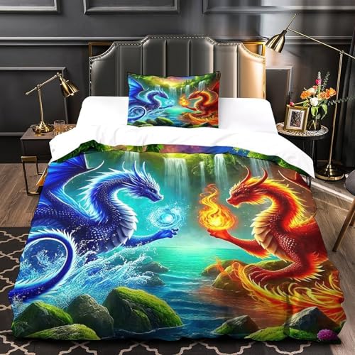 TDSNKAVHB Drachen3D-Druck Bett-Set Raumdekoration Mikrofaser Mit EIS und FeuerVerstecktem Reißverschluss Und Kissenhüllen Für Jungen Und MädchenSingle（135x200cm） von TDSNKAVHB
