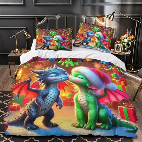 TDSNKAVHB Drachen3D-Druck Bett-Set Raumdekoration Mikrofaser Mit WeihnachtenVerstecktem Reißverschluss Und Kissenhüllen Für Kinder ErwachseneKing（220x240cm） von TDSNKAVHB