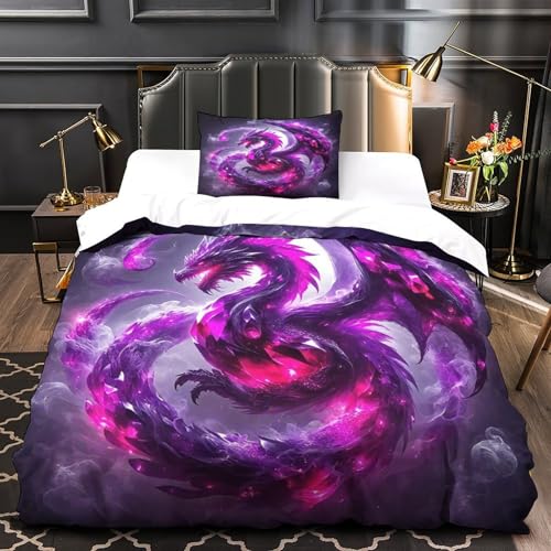 TDSNKAVHB Drachen3D-Druck Bettdeckenbezug Bettwaren-Set Mikrofaser Mit FantasieVerstecktem Reißverschluss Und Kissenhüllen Für Jungen Und MädchenSingle（135x200cm） von TDSNKAVHB