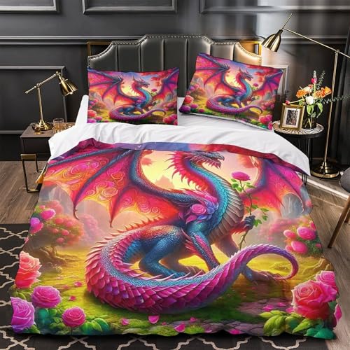 TDSNKAVHB Drachen3D-Druck Bettdeckenbezug Bettwaren-Set Weiche Mikrofaser BlumenVerstecktem Reißverschluss Und Kissenbezügen Für Kinder ErwachseneKing（220x240cm） von TDSNKAVHB