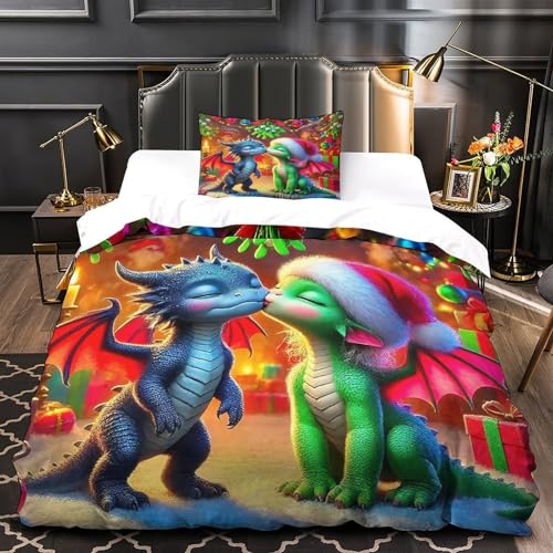 TDSNKAVHB Drachen3D-Druck Bettdeckenbezug Bettwaren-Set Weiche Mikrofaser WeihnachtenVerstecktem Reißverschluss Und Kissenbezug Für Kinder ErwachseneSingle（135x200cm） von TDSNKAVHB