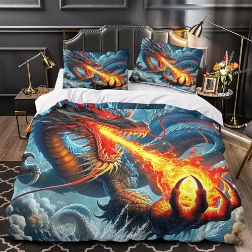 TDSNKAVHB Drachen3D-Druck Bettdeckenbezug Raumdekoration Weiche Mikrofaser FlammeVerstecktem Reißverschluss Und Kissenbezügen Für Kinder ErwachseneSingle（140x200cm） von TDSNKAVHB
