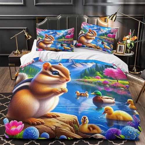 TDSNKAVHB Eichhörnchen3D-Druck Bett-Set Raumdekoration Mikrofaser Mit LandschaftVerstecktem Reißverschluss Und Kissenbezügen Für Jungen Und MädchenSingle（140x200cm） von TDSNKAVHB