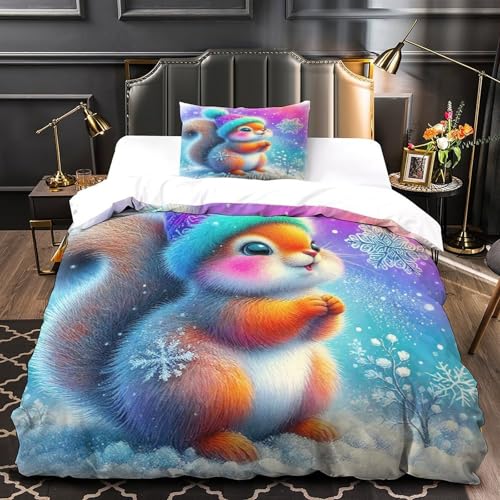 TDSNKAVHB Eichhörnchen3D-Druck Bettdeckenbezug Raumdekoration Weiche Mikrofaser SchneeVerstecktem Reißverschluss Und Kissenbezügen Für Kinder ErwachseneSingle（135x200cm） von TDSNKAVHB