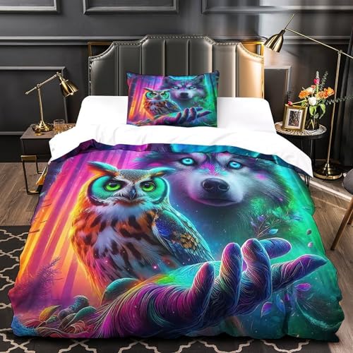 TDSNKAVHB Eule3D-Druck Bett-Set Raumdekoration Mikrofaser Mit WolfVerstecktem Reißverschluss Und Kissenbezügen Für Jungen Und MädchenSingle（135x200cm） von TDSNKAVHB