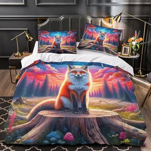TDSNKAVHB Fox3D-Druck Bett-Set Raumdekoration Mikrofaser Mit SternenhimmelVerstecktem Reißverschluss Und Kissenbezügen Für Jungen Und MädchenSingle（140x200cm） von TDSNKAVHB
