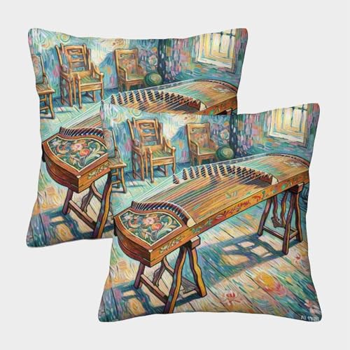 TDSNKAVHB Guzheng 3D Printed Pillow Case Decorative Square Cushion Musikinstrument Standard Pillowcase Set of 2 Case Set for Couch Sofa Bedroom Living Room 45x45cm von TDSNKAVHB