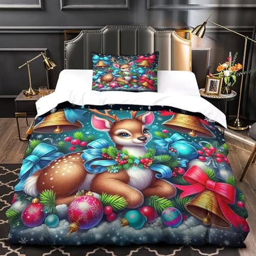 TDSNKAVHB Hirsch3D-Druck Bettdeckenbezug Bettwaren-Set Mikrofaser Mit WeihnachtenVerstecktem Reißverschluss Und Kissenhüllen Für Kinder ErwachseneSingle（135x200cm） von TDSNKAVHB