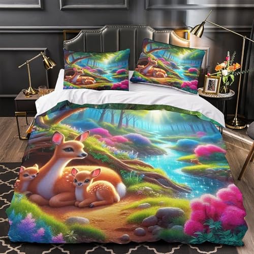 TDSNKAVHB Hirsch3D-Druck Bettdeckenbezug Bettwaren-Set Weiche Mikrofaser LandschaftVerstecktem Reißverschluss Und Kissenbezügen Für Kinder ErwachseneDouble（200x200cm） von TDSNKAVHB