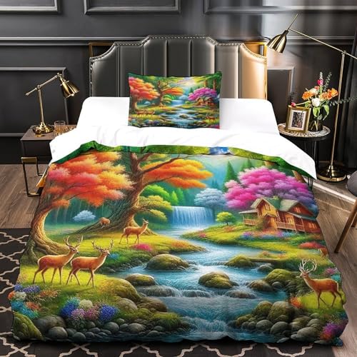 TDSNKAVHB Hirsch3D-Druck Bettdeckenbezug Bettwaren-Set Weiche Mikrofaser SonnenuntergangVerstecktem Reißverschluss Und Kissenbezug Für Kinder ErwachseneSingle（135x200cm） von TDSNKAVHB