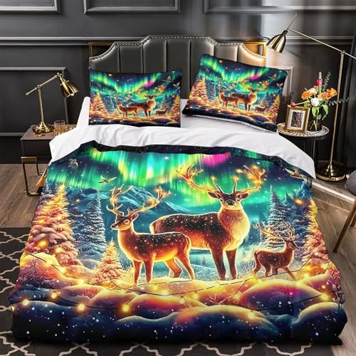 TDSNKAVHB Hirsch3D-Druck Bettdeckenbezug Bettwaren-Set Weiche Mikrofaser WeihnachtenVerstecktem Reißverschluss Und Kissenbezug Für Jungen Und MädchenSuper King（260x220cm） von TDSNKAVHB