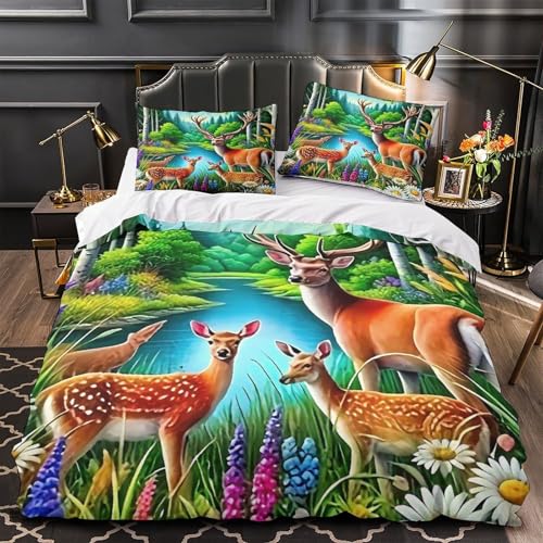 TDSNKAVHB Hirsch3D-Druck Bettdeckenbezug Raumdekoration Mikrofaser Mit LakesideVerstecktem Reißverschluss Und Kissenbezügen Für Kinder ErwachseneSingle（140x200cm） von TDSNKAVHB