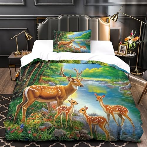 TDSNKAVHB Hirsch3D-Druck Bettdeckenbezug Raumdekoration Weiche Mikrofaser LakesideVerstecktem Reißverschluss Und Kissenhüllen Für Teenager KinderSingle（135x200cm） von TDSNKAVHB