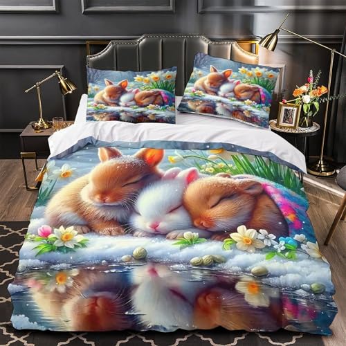 TDSNKAVHB Kaninchen3D-Druck Bettdeckenbezug Raumdekoration Weiche Mikrofaser gemütlichVerstecktem Reißverschluss Und Kissenhüllen Für Jungen Und MädchenDouble（200x200cm） von TDSNKAVHB