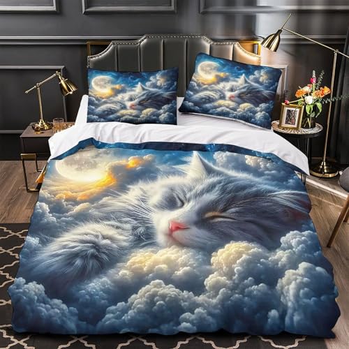 TDSNKAVHB Katze3D-Druck Bett-Set Raumdekoration Mikrofaser Mit MondVerstecktem Reißverschluss Und Kissenhüllen Für Jungen Und MädchenKing（220x240cm） von TDSNKAVHB