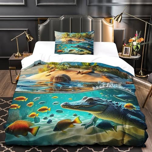 TDSNKAVHB Krokodil3D-Druck Bett-Set Raumdekoration Mikrofaser Mit LakesideVerstecktem Reißverschluss Und Kissenbezug Für Teenager KinderSingle（135x200cm） von TDSNKAVHB