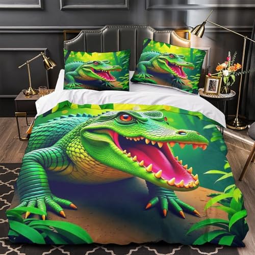 TDSNKAVHB Krokodil3D-Druck Bett-Set Raumdekoration Mikrofaser Mit WaldVerstecktem Reißverschluss Und Kissenbezug Für Jungen Und MädchenKing（220x240cm） von TDSNKAVHB