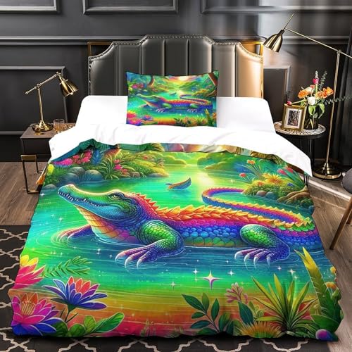 TDSNKAVHB Krokodil3D-Druck Bett-Set Raumdekoration Weiche Mikrofaser WaldVerstecktem Reißverschluss Und Kissenbezügen Für Jungen Und MädchenSingle（135x200cm） von TDSNKAVHB