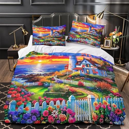 TDSNKAVHB Leuchtturm3D-Druck Bett-Set Raumdekoration Mikrofaser Mit MeersideVerstecktem Reißverschluss Und Kissenbezug Für Jungen Und MädchenSingle（140x200cm） von TDSNKAVHB