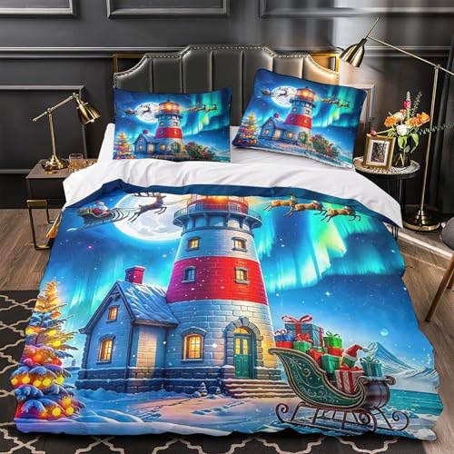 TDSNKAVHB Leuchtturm3D-Druck Bett-Set Raumdekoration Mikrofaser Mit WeihnachtenVerstecktem Reißverschluss Und Kissenbezug Für Kinder ErwachseneSingle（140x200cm） von TDSNKAVHB