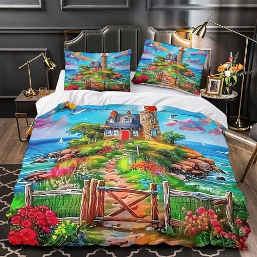 TDSNKAVHB Leuchtturm3D-Druck Bett-Set Raumdekoration Mikrofaser Mit schönVerstecktem Reißverschluss Und Kissenbezug Für Jungen Und MädchenDouble（200x200cm） von TDSNKAVHB