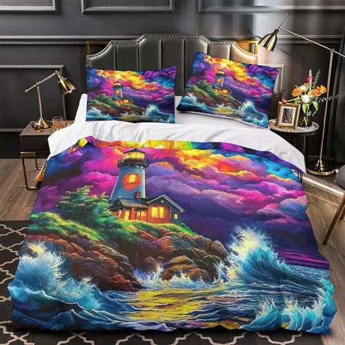 TDSNKAVHB Leuchtturm3D-Druck Bettdeckenbezug Bettwaren-Set Weiche Mikrofaser schönVerstecktem Reißverschluss Und Kissenbezügen Für Jungen Und MädchenKing（220x240cm） von TDSNKAVHB