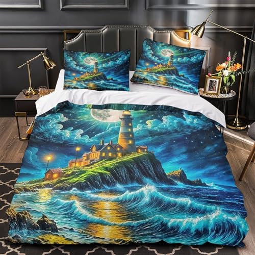TDSNKAVHB Leuchtturm3D-Druck Bettdeckenbezug Raumdekoration Mikrofaser Mit MondVerstecktem Reißverschluss Und Kissenhüllen Für Jungen Und MädchenDouble（200x200cm） von TDSNKAVHB