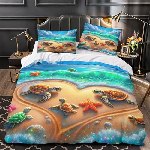 TDSNKAVHB Meeresschildkröte3D-Druck Bettdeckenbezug Bettwaren-Set Mikrofaser Mit FischsternVerstecktem Reißverschluss Und Kissenhüllen Für Kinder ErwachseneDouble（200x200cm） von TDSNKAVHB
