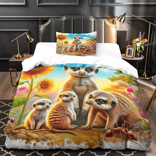 TDSNKAVHB Meerkat3D-Druck Bett-Set Raumdekoration Mikrofaser Mit SunBlumenVerstecktem Reißverschluss Und Kissenbezug Für Teenager KinderSingle（135x200cm） von TDSNKAVHB
