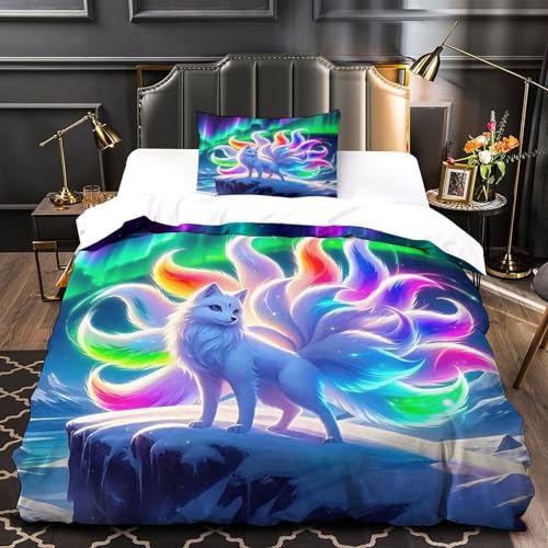 TDSNKAVHB Neun-Schwanz-Fuchs3D-Druck Bett-Set Raumdekoration Mikrofaser Mit AuroraVerstecktem Reißverschluss Und Kissenbezug Für Jungen Und MädchenSingle（135x200cm） von TDSNKAVHB
