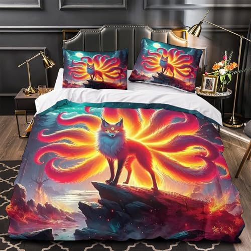 TDSNKAVHB Neun-Schwanz-Fuchs3D-Druck Bett-Set Raumdekoration Mikrofaser Mit FantasieVerstecktem Reißverschluss Und Kissenbezug Für Jungen Und MädchenKing（220x240cm） von TDSNKAVHB